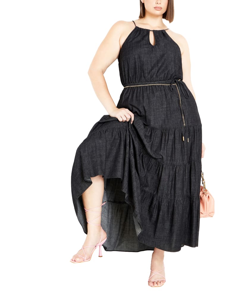 Front of a model wearing a size XXL Ashlyn Tiered Maxi Dress in BLACK by City Chic. | dia_product_style_image_id:352888